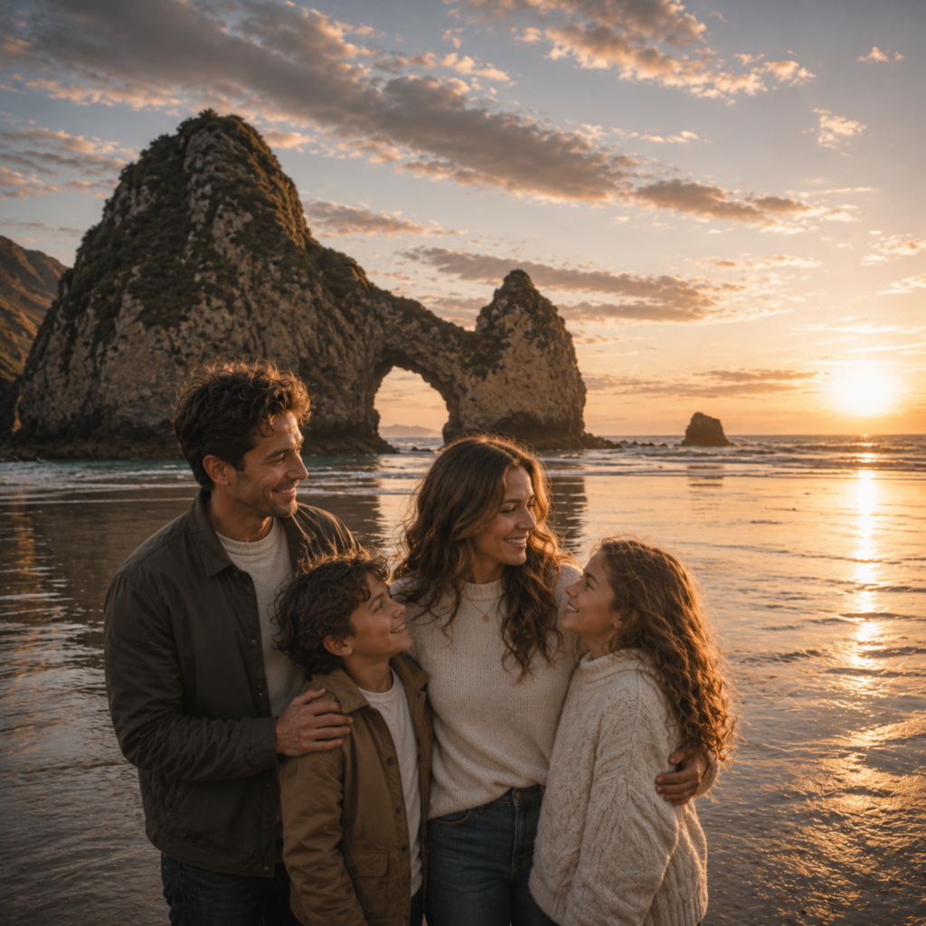 Family with two children enjoying a sunset at a scenic New Zealand beach