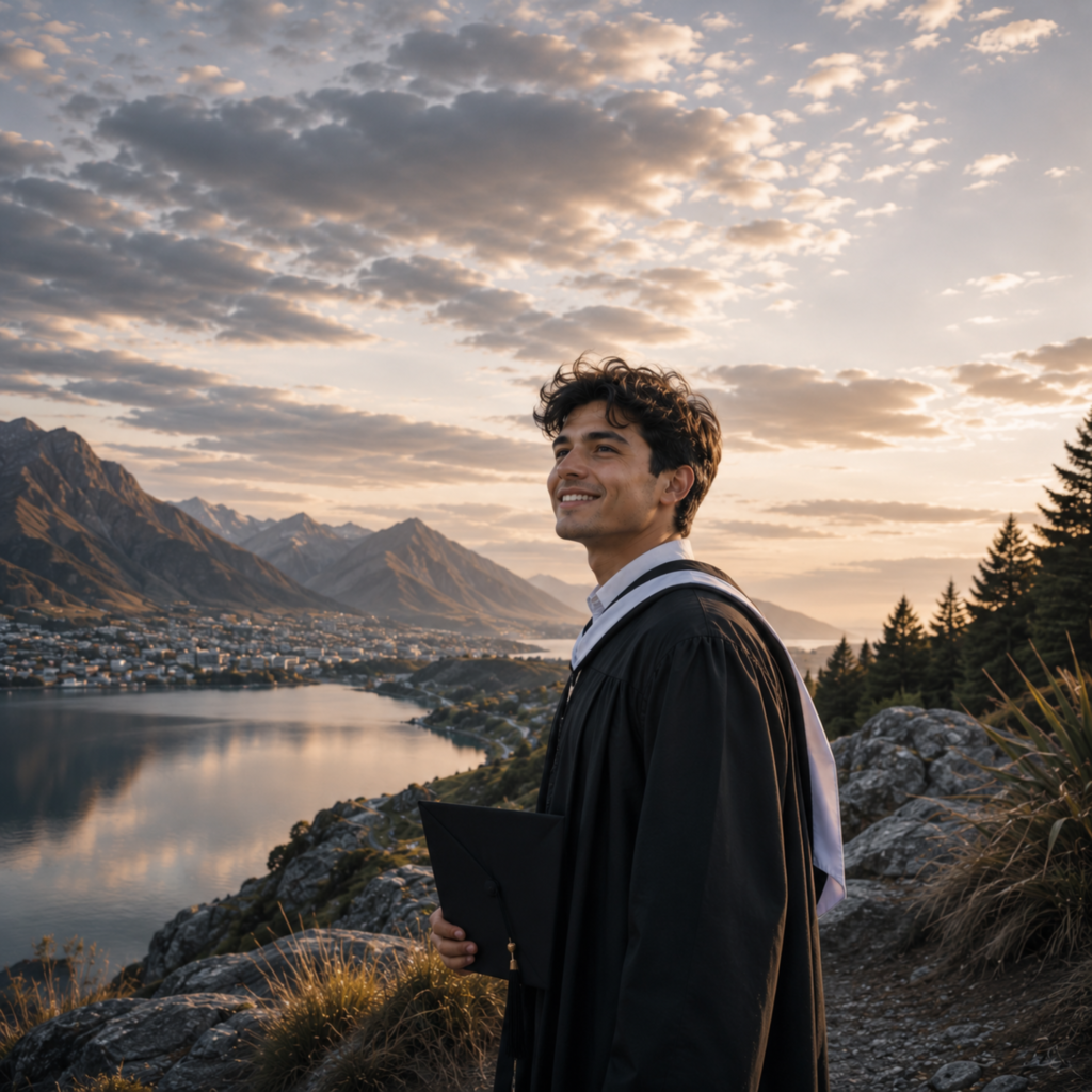 A young man wearing a graduation gown standing on a rocky hillside overlooking a scenic lake, mountain range, and town at sunset.