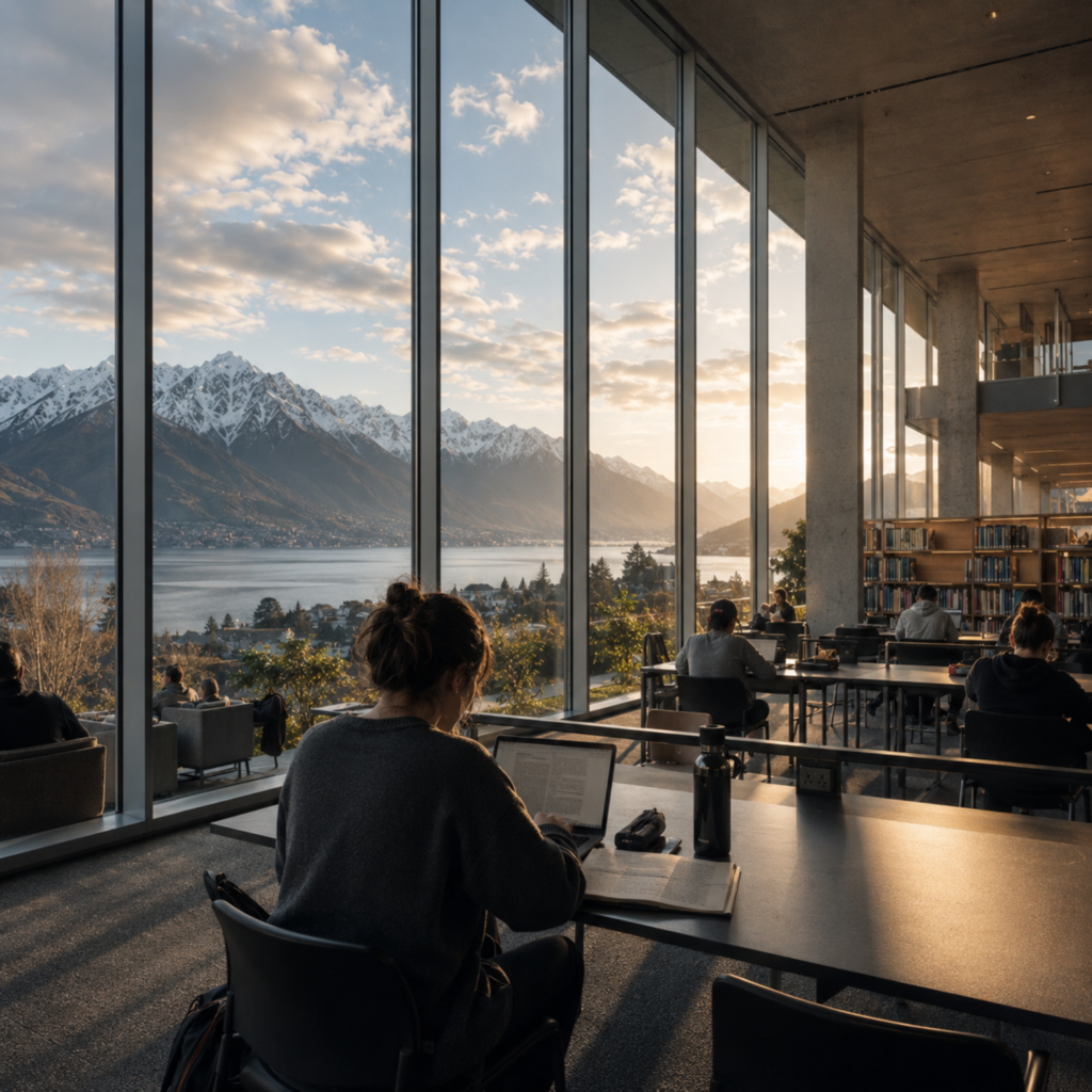 A student working on a laptop in a modern library overlooking a scenic lake and snow-capped mountains.