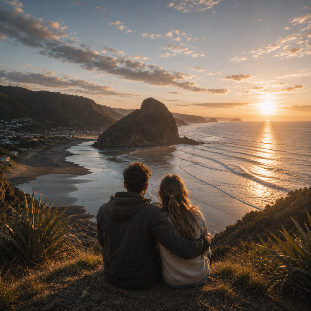Couple watching the sunset over a scenic New Zealand beach and coastline